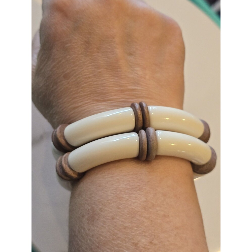 Set of Vintage White Tube Bead Stretch Bracelet Set Wood Spacer Boho 1114
